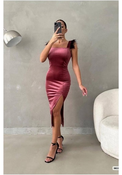 DefyModa Kadın Zarif Kadife Kumaş Kare Yaka Askılı Abiye Elbise Gülkurusu