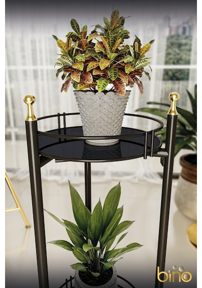 Bino Saksılık Organizer Bahçe Balkon Standı Çiçeklik Dekoratif Lüks Metal 2 Katlı Servis Sunum Tepsi
