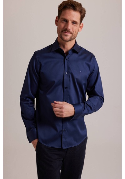 Erkek Lacivert Uzun Kol Slim Fit Saten Gömlek