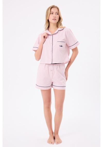 Lespadon Marısılk Seastrıpe Kadın Yazlık Şortlu Crop Gömlekli Pijama & Lounge Takımı-3176 Pudra