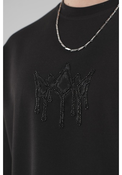 King-Brich Bisiklet Yaka Taşlı Logo Detaylı Oversize Kalıp Erkek Tişört Siyah