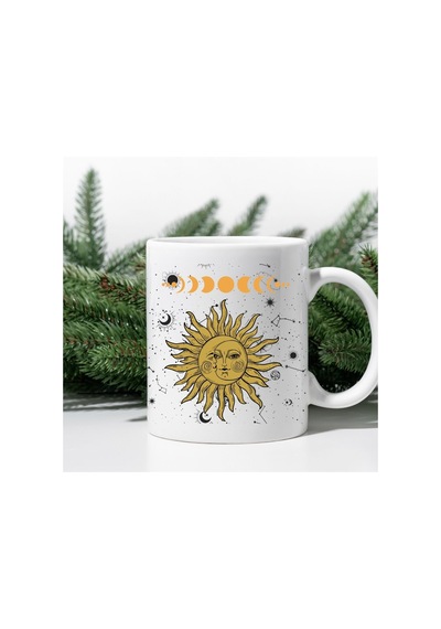 Mistik Tarot Güneş Ve Ay Tasarımlı Porselen Kupa Beyaz