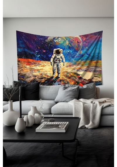 Kozmik Astronot Desenli Duvar Halısı Duvar Örtüsü Tapestry Süet Dokulu Kumaş