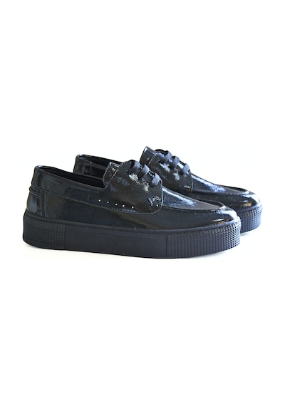 Ne&ve Shoes Siyah Kırışık Rugan Hakiki Deri Kadın Günlük Rahat Bağcıklı Ayakkabı