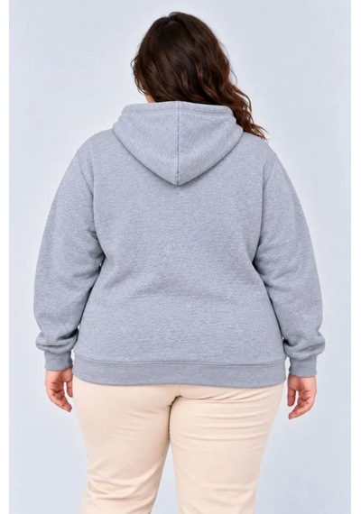 Battal Büyük Beden Üç İplik İçi Şardonlu Kapüşonlu Kanguru Cepli Kışlık Sweatshirt - Gri