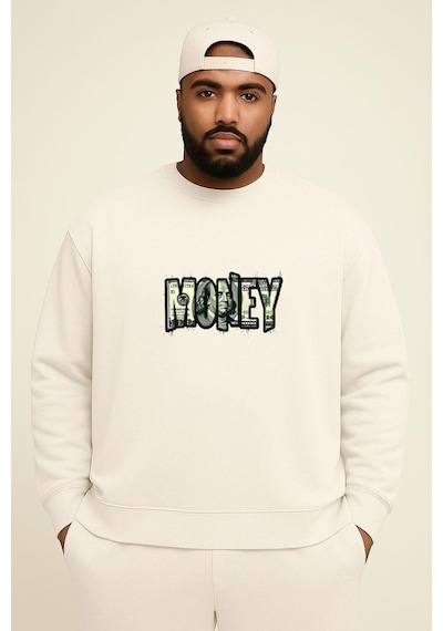 Benroma 3 İplik Penye Money Baskılı Büyük Beden Unisex Sweatshırt Beyaz