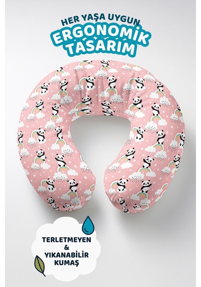 Panda Gökkuşağı Bulutlu Boyun Yastığı - Sevimli Pembe Pastel Çocuk & Yetişkin Seyahat Yastığı Adaçayı Kireçtaşı