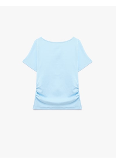 Koton Bisiklet Yaka Pamuklu Slim Fit Büzgü Detaylı Kısa Kollu Tişört Mavi 6skg10670ak