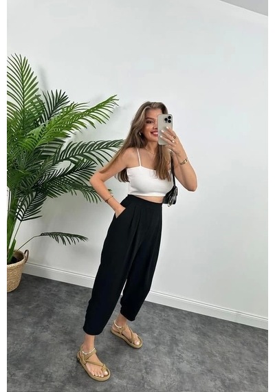 Defymoda Kadın Yüksek Bel Hürrem Pantolon Siyah