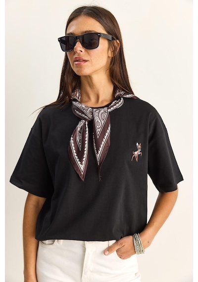 Shade Kadın Ceylan Nakışlı Fularlı Basic Salaş T-shirt 7517 60283977 - Siyah