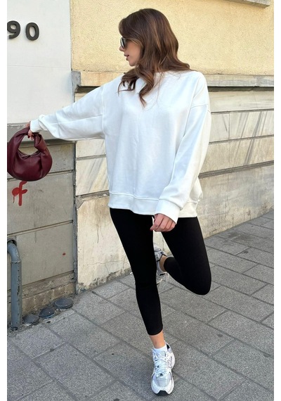 Ekru Bisiklet Yaka Basic Sweatshirt Mg2185
