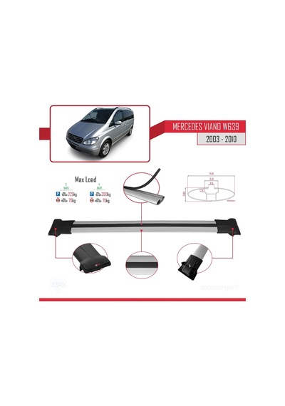 Mercedes Viano 2003-2010 Arası İle Uyumlu Fly Model Ara Atkı Tavan Barı Gri 3 Adet Bar