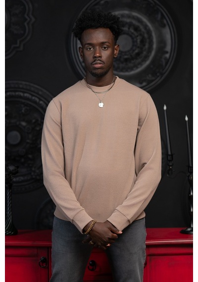 Dorss Regular Fit Armürlü Bisiklet Yaka Likralı Mevsimlik Sweatshirt Kahverengi