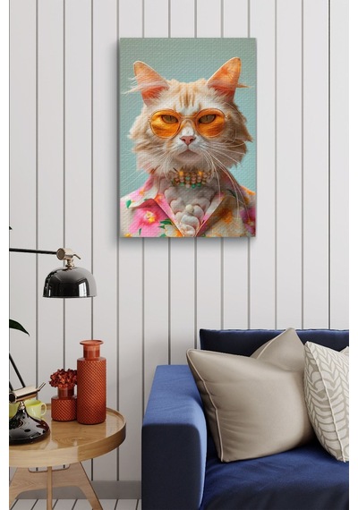 Modernist Kıyafet Giymiş Kedi Yağlı Kanvas Tablo
