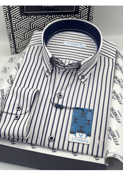 Slim Fit Uzun Kol Premium Kalın Çizgili Yaka Düğmeli Hediye Kutulu Kolay Ütülenebilir Erkek Gömlek Fs-001375 - Beyaz Lacivert-1493