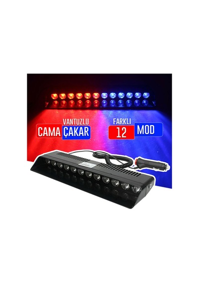 S12 Cam İçi Vantuzlu PolisLambası 12 Ledli Kırmızı Mavi Çakmaklık Girişli (00) (ŞüsCarOto Aksesuar)