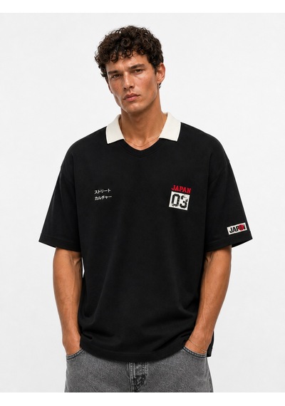 Respire Erkek Yaka Detaylı Oversize T-shirt Siyah