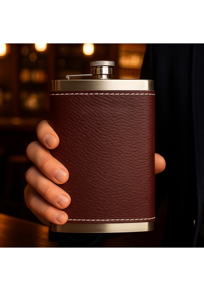 Perlotus 8 Oz 235 Cc Hunili Kızıl Kahverengi Hakiki Deri Kılıflı Çelik Viski İçki Matarası Kahverengi Açık