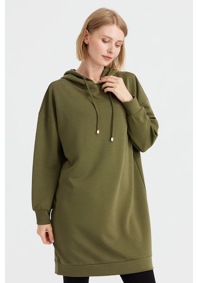 Desen Triko Kadın Kapüşonlu Sweat Elbise Haki Haki