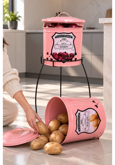 2 Katlı Pembe Metal Patates Soğanlık Kovası Çeyizlik Sebzelik Saklama Kabı - Pembe