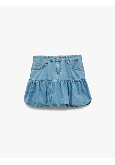 Koton Cep Detaylı Düğmeli Mini Denim Balon Etek Açık İndigo 5sal70010md