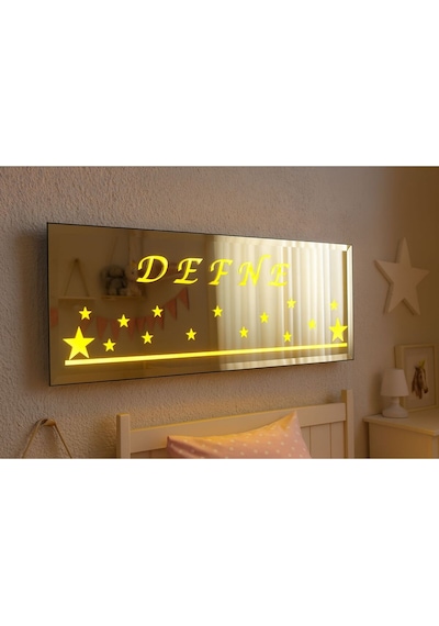 Digital Hayat Kişiye Özel İsim Yazılı 60x20 Cm Bronz Led Işıklı Ayna Modern Dekoratif Duvar Aynası Ve Şık Hediye Altın