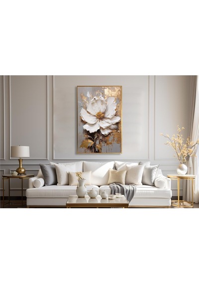 Yağlı Boya Dokulu Tablo Modern Tek Beyaz Çiçek Altın Çerçeveli U02018-178873
