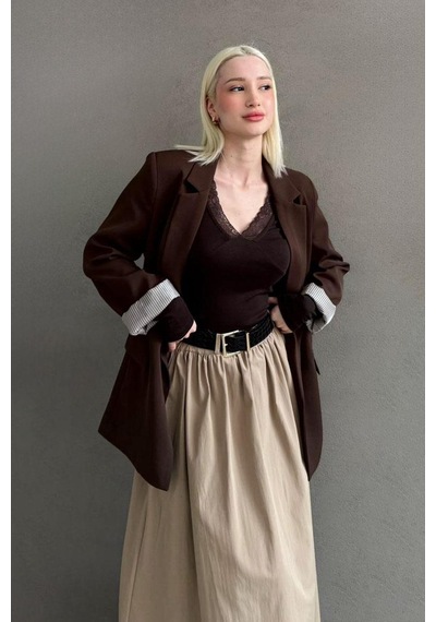 Seeh Kahverengi Kol Desenli Blazer Kadın Ceket Sh339