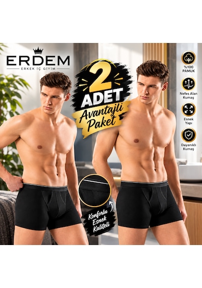 Erdem Erkek Siyah Pamuk Air Slim Boxer-2'li Paket- 1428sw