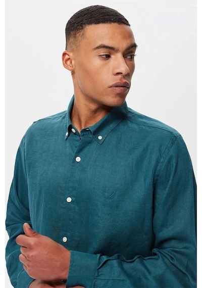Nautica Erkek Yeşil Classic Fit Uzun Kollu Keten Gömlek Yeşil