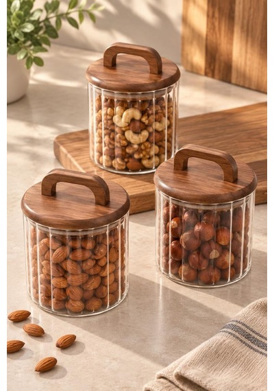 Atbyhome 3'lü Akasya Kulplu Çizgili Cam Erzak Kavanozu 650 Ml - Vakumlu Baharat Ve Kuruyemiş Saklama Kabı Seti Ahşap - Şeffaf