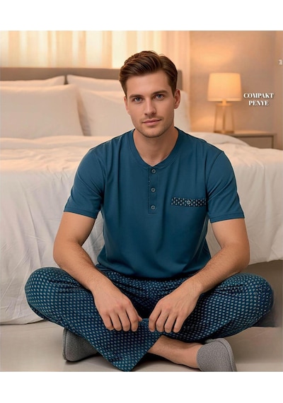 Arcan Erkek Düğme Yaka Kısa Kol Compact Penye Pijama Takımı 65130p - 1 Adet Petrol