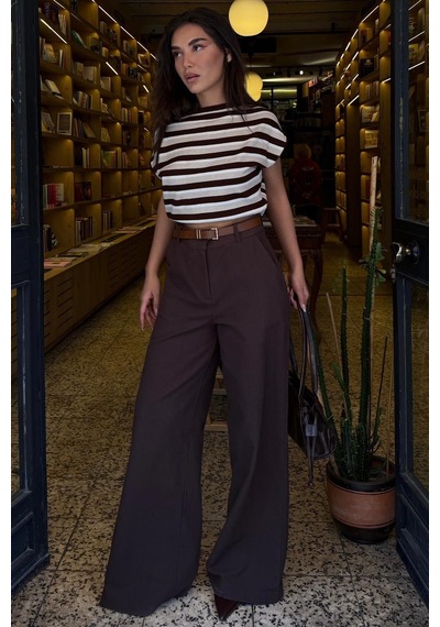 Madmext Kahverengi Yüksek Bel Keten Wide Leg Pantolon Mg2718
