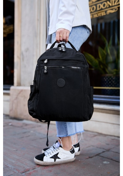 Sanmorris Unisex Suya Dayanıklı Krinkıl Kumaş Çok Gözlü Siyah Laptop Okul Ve Sırt Çantası Siyah