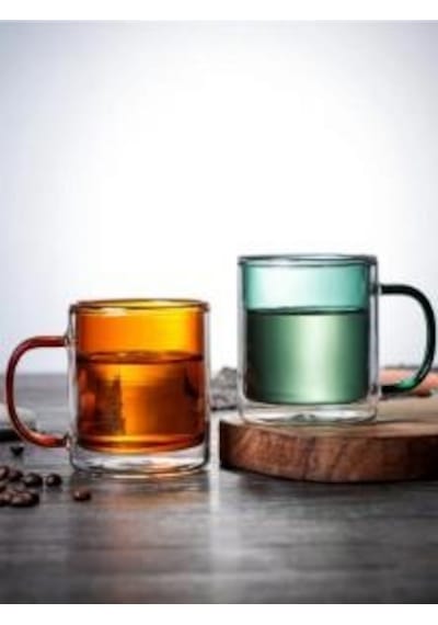 Linanware 2'li Çift Çidarlı Borosilikat Cam Nostaljik Kahverengi Yeşil Kupa Bardak 350ml Dsg-26