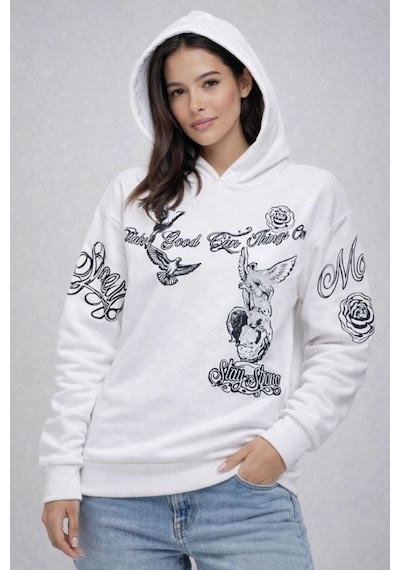 Mbb E-ticaret Kadın 3 İplik Pamuklu Kapüşonlu Baskılı Sweatshirt Hoodie - Beyaz