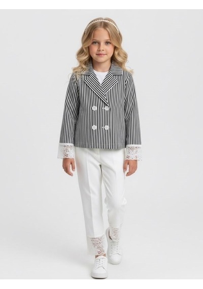 Zekids Kız Çocuk Lacivert Çizgili Kruvaze Dantel Detaylı Ceket-17155 Çok Renkli