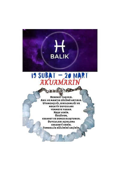 Gümüştel El Sanatları Sertifikalı Balık Burcu Burç Bilekliği Açık Mavi
