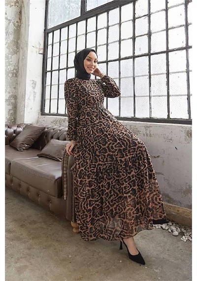 Neşeli Butik Kadın Leopar Desenli İthal Kumaş Tesettür Şifon Elbise Sms028 Siyah