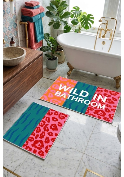Wildleos 2 Li Banyo Paspası,kaymaz Tabanlı,yıkanabilir 60x100 50x60 50x60 Cm Ekru