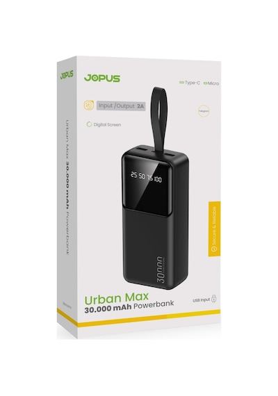 30000mah Powerbank Lcd Ekranlı Taşıma Askılı Güçlü Taşınabilir Şarj Cihazı Siyah, 17500