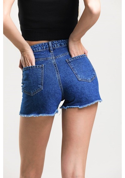 Pass&Pass 2050 Kadın Püsküllü Paça Jeans Denim Kot Şort Mavi