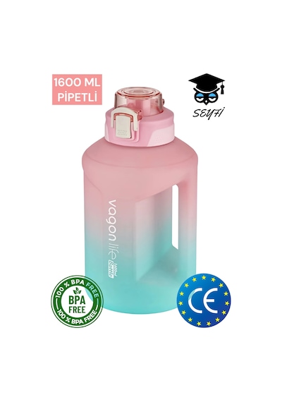 1600 Ml Çift Renk Pipetli Taşıma Askılı Ve Kulplu Motivasyon Su Matarası Vagonlife 2307 001