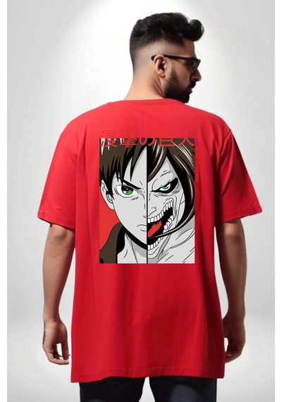 Anime Titan Saldırısı Kırmızı Oversize Unisex Ön Ve Sırt Baskılı Tişört Kırmızı