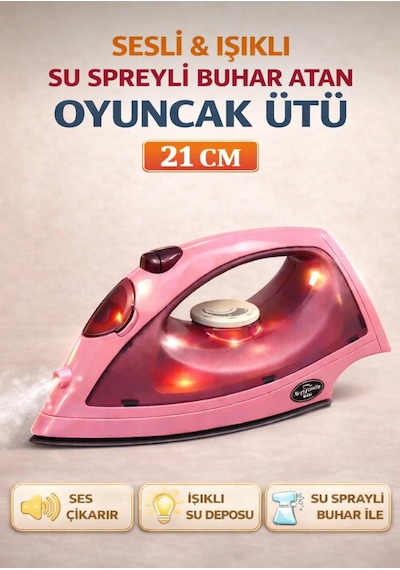 Oyuncak Buharlı Pilli Ütü Kutulu Ses Efektli Işıklı Su Spreyli Gerçekçi Su Eklenebilir 21 Cm Ev Aleti Pembe