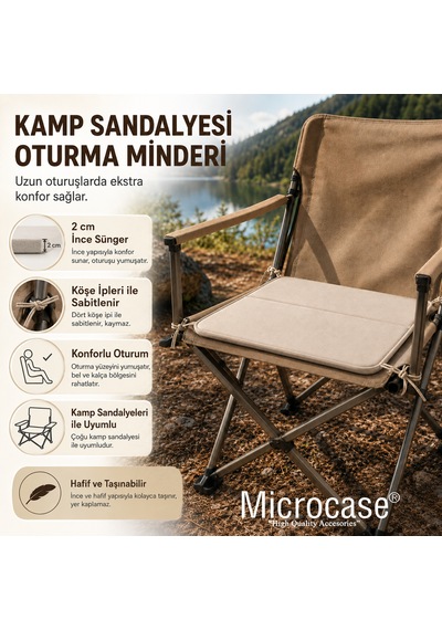 Microcase İple Sabitlemeli Katlanabilir Kamp Sandalyesi Minderi Piknik Outdoor Balıkçılık 40x40 Cm Al5564 Siyah