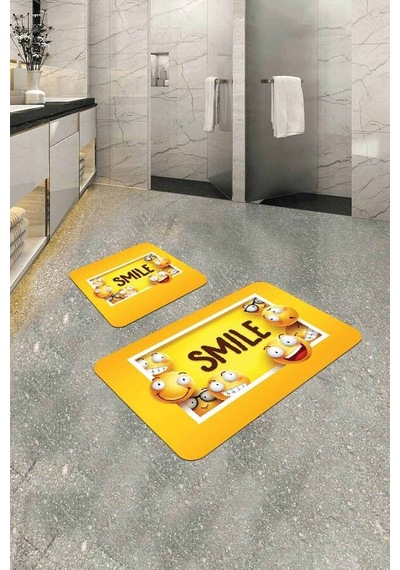 Sarı Smiley Banyo Halısı Klozet Takımı Paspas Seti Bs300n11