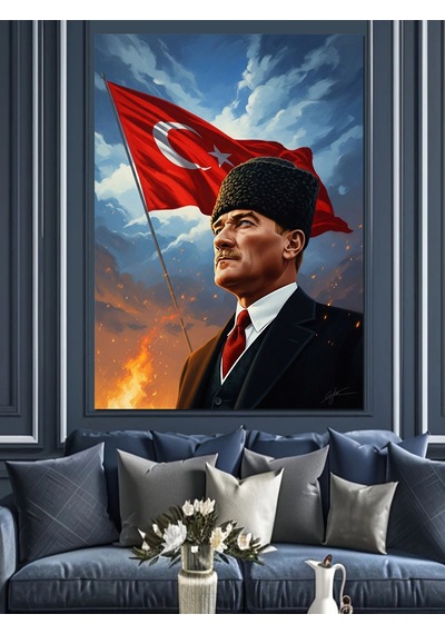 Bayraklı Ve Şık Mustafa Kemal Atatürk Dekoratif Kanvas - Mdf Ahşap Tablo