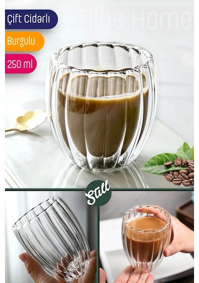 3'lü Çift Cidarlı Burgulu Kristal Cam Bardağı Çay Süt Kahve Kupası Sıcak & Soğuk Retro Bardak Seti