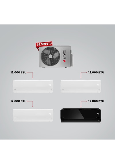 Arçelik 1+4 Multi Sistem 36100 MD Pro Dış Ünite 3 Adet 12 BTU Beyaz + 12 BTU Siyah İç Üniteler Duvar Tipi Klima